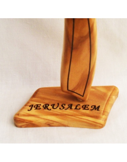 St Benedict modern and stylized tabletop crucifix, made of genuine olive wood in Bethlehem