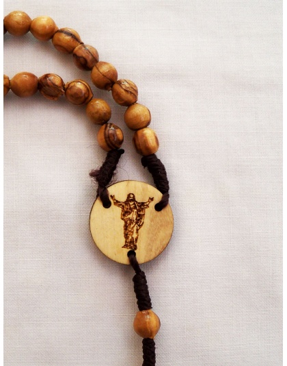 Olive wood Corded rosary with Jesus risen centerpiece, or custom engraved centerpiece 
